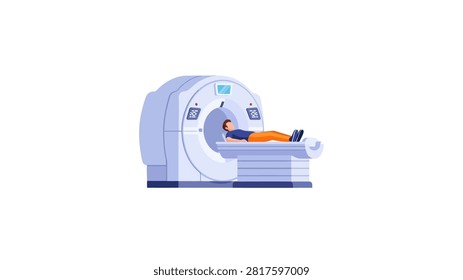 A flat vector illustration of a male patient lying on a table, entering a large magnetic resonance imaging or computed tomography scanner. The scene depicts a modern medical diagnostic procedure in a clean, professional environment, isolated on a white background. The machine features a circular opening and control panels with buttons and a screen.