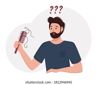 Flat vector illustration of a male person with a comb in hand. Alopecia, hair loss in young age, hair problems, baldness.