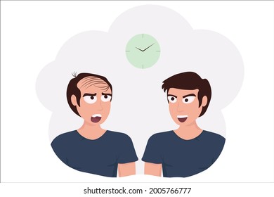Flat vector illustration of a male person. Alopecia, hair loss in young age, hair problems, baldness.