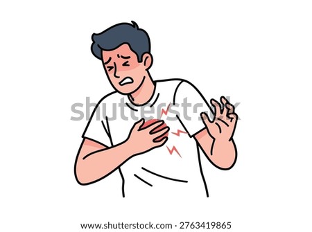 Flat vector illustration of male person in agony holding chest area representing heart attack or cardiac arrest symptoms isolated on white background medical concept.