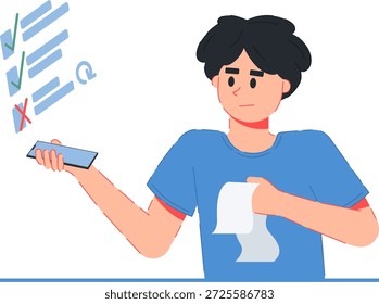 A flat vector illustration of a male professional or designer looking at a floating list of revisions. The list shows several tasks with green checkmarks and a prominent red cross mark indicating an error or required change. This concept represents the feedback process, quality control, and handling client revisions in a creative workflow.