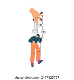 Una Ilustración vectorial plana de un títere macho bajo el control de un titiritero, que muestra los temas de la influencia social y la manipulación conductual. Estilo plano sobre fondo aislado.