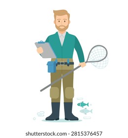 A flat vector illustration of a male scientist or researcher wearing waders holding a clipboard and a fish net with small fish swimming nearby