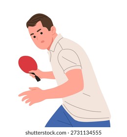 Ilustración vectorial plana de un jugador de tenis de mesa masculino en diferentes poses de acción. Atleta de ping pong que sostiene la paleta roja, aislada en el fondo blanco. Estilo de dibujos animados minimalista adecuado para el diseño deportivo, conceptos de entrenamiento, infografías, carteles, Sitios web, App y marca atlética.