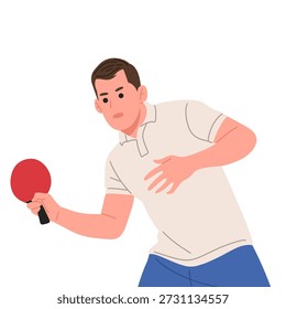 Ilustração vetorial plana de um jogador de tênis de mesa masculino em diferentes poses de ação. Ping pong atleta segurando remo vermelho, isolado no fundo branco. Estilo minimalista de desenho animado adequado para design esportivo, conceitos de treinamento, infográficos, cartazes, sites, aplicativos e marca atlética.