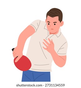 Ilustración vectorial plana de un jugador de tenis de mesa masculino en diferentes poses de acción. Atleta de ping pong que sostiene la paleta roja, aislada en el fondo blanco. Estilo de dibujos animados minimalista adecuado para el diseño deportivo, conceptos de entrenamiento, infografías, carteles, Sitios web, App y marca atlética.