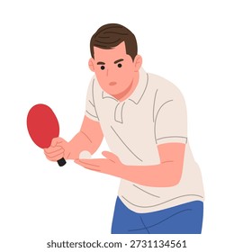 Ilustración vectorial plana de un jugador de tenis de mesa masculino en diferentes poses de acción. Atleta de ping pong que sostiene la paleta roja, aislada en el fondo blanco. Estilo de dibujos animados minimalista adecuado para el diseño deportivo, conceptos de entrenamiento, infografías, carteles, Sitios web, App y marca atlética.