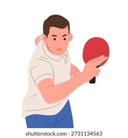 Ilustración vectorial plana de un jugador de tenis de mesa masculino en diferentes poses de acción. Atleta de ping pong que sostiene la paleta roja, aislada en el fondo blanco. Estilo de dibujos animados minimalista adecuado para el diseño deportivo, conceptos de entrenamiento, infografías, carteles, Sitios web, App y marca atlética.