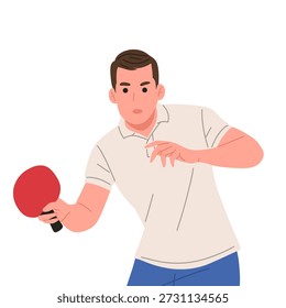 Ilustración vectorial plana de un jugador de tenis de mesa masculino en diferentes poses de acción. Atleta de ping pong que sostiene la paleta roja, aislada en el fondo blanco. Estilo de dibujos animados minimalista adecuado para el diseño deportivo, conceptos de entrenamiento, infografías, carteles, Sitios web, App y marca atlética.