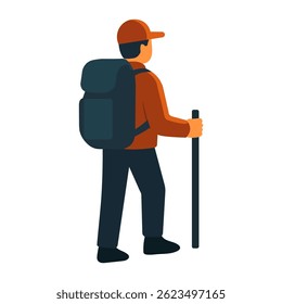 Ilustração vetorial plana de um viajante do sexo masculino vestindo uma mochila e boné, segurando uma bengala, vista de trás.