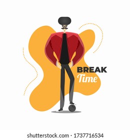 Flat vector illustration of a man with Afro hair in Hipster style. Cool Man cartoon with Break Time Text