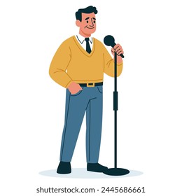 Ilustración vectorial plana. un hombre de edad se para y dice algo en un micrófono, un altavoz, un vagón