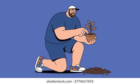 A flat vector illustration of a man with a beard kneeling and tending to a small plant in a pot, symbolizing growth, gardening and eco-sustainability.