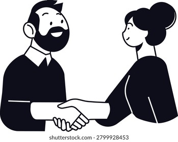 A flat vector illustration of a man with a beard and a woman with a bun hairstyle shaking hands, symbolizing a professional agreement or partnership.