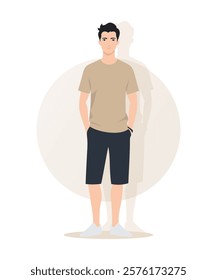 Flat vector illustration of a man in a beige T-shirt and black shorts. The faceless figure stands in a relaxed pose with a clean, minimalist design and a casual summer feel.