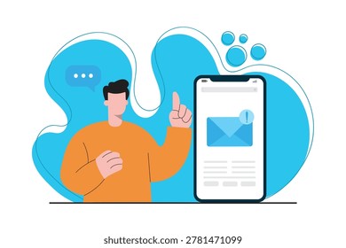 Flat vector illustration of a man beside a smartphone displaying an email notification icon.