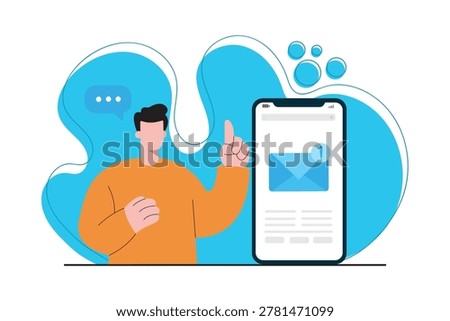 Flat vector illustration of a man beside a smartphone displaying an email notification icon.