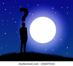 Flat vector illustration of a man with a big question mark over his head, staring at a bright full moon on a starry night.
Confused man. Flat vector night landscape.