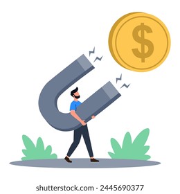 Flat vector illustration. Man big magnet attracts money, concept of big earnings 