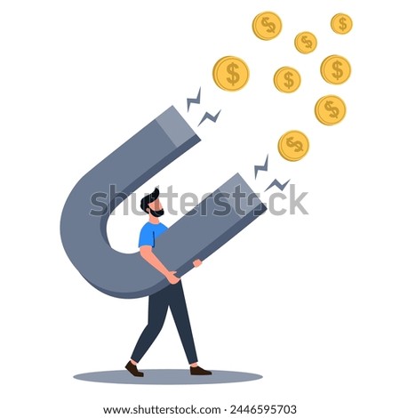 Flat vector illustration. Man big magnet attracts money, concept of big earnings 