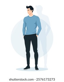 Flat vector illustration of a man in a blue sweatshirt and black pants. The faceless figure stands casually, showcasing a minimalist and modern look.