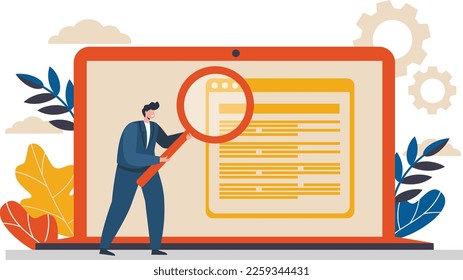 Flat vector illustration. A man in a business suit standing with a large magnifying glass. Computer search concept. 