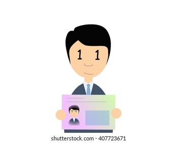 Flat vector illustration of a man in business suit holding Japanese my number card. My number is a social security number in Japan started in 2015.