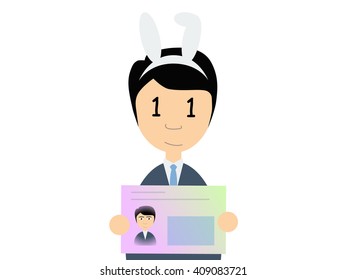 Flat vector illustration of a man in business suit holding Japanese my number card with a rabbit ear hair band on