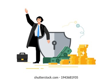 Ilustración vectorial plana. Hombre de negocios con escudo, monedas, protección de dinero, para página web, banner, presentación, seguro de ahorro financiero, negocios. Economía empresarial segura, banca electrónica