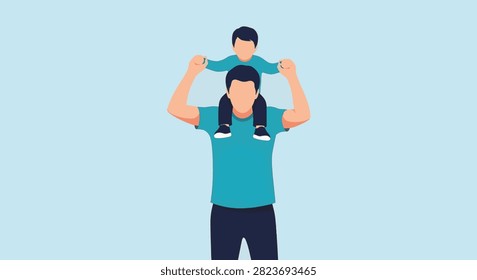 Flat vector illustration of a man carrying a small child on his shoulders against a light blue backdrop, highlighting fatherhood and bonding in a minimalist graphic design style.