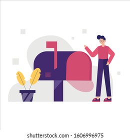 Flat vector illustration a man check the large mailbox. Business mailing services illustrations. Poster for social media, web page, banner, presentation stock illustration costumer support.