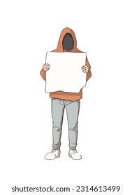 Flat vector illustration of a man in clothes with a covered face and a blank banner in his hands