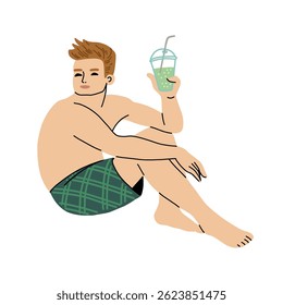 Flat vector illustration of a man in colorful shorts, sitting relaxed with a fruit cocktail in hand, enjoying a summer beach vacation. Isolated on white background.