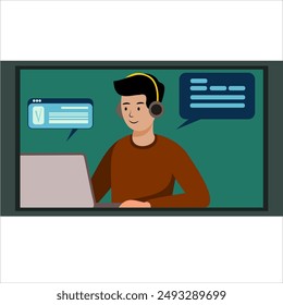 Flat vector illustration of man communicating via social media in a room with a dark green background.