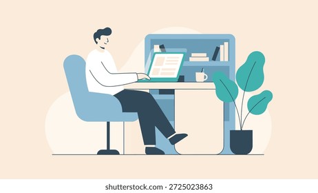 Flache Vektorgrafik eines Mannes, der sich in einem aufgeräumten, modernen Heimbüro mit Laptop, Schreibtisch, Regal und einer lebendigen Bodenanlage konzentriert und Produktivität, Fokus und ruhige Arbeitsumgebung vermittelt.