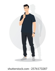 Flat vector illustration of a man in a dark blue T-shirt and black pants. The faceless figure stands in a casual, minimalist style with a modern vibe.