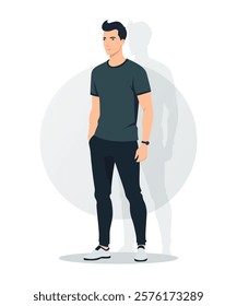 Flat vector illustration of a man in a dark green sweatshirt and black pants. The faceless figure stands in a casual, minimalist pose with a modern aesthetic.