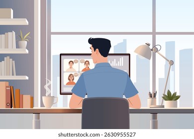 Ilustración vectorial plana de un hombre nómada digital trabajando remotamente desde un espacio de coworking, con computadoras portátiles, tazas de café y un vibrante horizonte de la ciudad en el fondo. Representa la colaboración en equipo.


