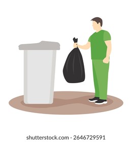 Ilustração vetorial plana de um homem jogando um saco de lixo preto em um caixote do lixo. Conceito de gestão de resíduos, limpeza, cuidado ambiental, reciclagem e comportamento responsável.