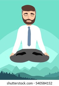 Flat vector illustration of man doing yoga on the background of mountain landscape. Calm and relax in the middle of a work day. Businessman meditating in lotus pose.