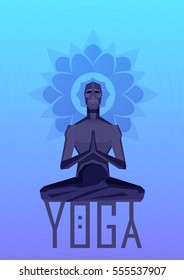 Flat vector illustration of man doing yoga on colorful background .Template for poster or card.