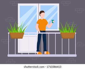Flat vector illustration: man drinks coffee on the balcony.