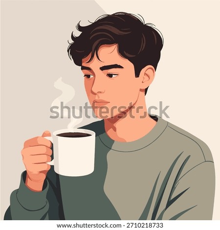 A flat vector illustration of a man enjoying his morning coffee. He sips the hot, tart beverage contentedly, conveying the simple pleasure of a fresh start to the day. Clean lines, minimalist design