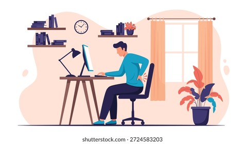 Ilustração de vetor plano de um homem que experimenta dor lombar de má postura enquanto trabalha em uma mesa de computador em casa.