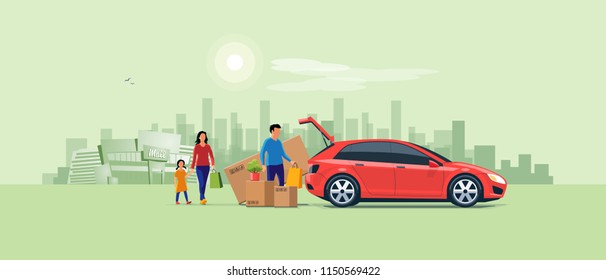 Flat vector illustration of a man with family coming from shopping and loading the car trunk with purchase carton boxes. Oversized big tv box doesn't fit. Shopping mall and city in the background.