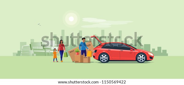 Flat vector illustration of a man with family\
coming from shopping and loading the car trunk with purchase carton\
boxes. Oversized big tv box doesn\'t fit. Shopping mall and city in\
the background.