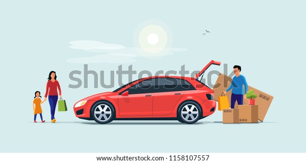 Flat vector\
illustration of a man with family coming from shopping and loading\
the car trunk with purchase carton boxes. Oversized big tv box\
doesn\'t fit. Isolated on blue\
background.
