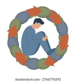A flat vector illustration of a man in a fetal position surrounded by money and arrows symbolizing the cycle of debt and financial anxiety