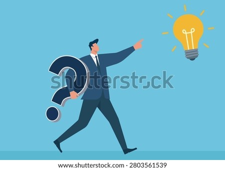 Flat vector illustration of a man finding answers, moving past confusion and doubt to discover a brilliant new idea or innovation