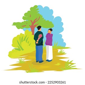 Ilustración vectorial plana del hombre dando flores a una amante de la mujer para el día de San Valentín. Amante niña saluda sorprende con un ramo de flores. concepto de relaciones de pareja. Ilustración vectorial plana.